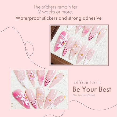 Petal Whisper 10PCS Long Pink Floral Gradient Press On Nails, 3D Flower Pearl Gold Accent Elegant Wedding Fake Nails for Women, Soft Glam Korean Style Acrylic UV Gel Press-On Nails Set (Pink, M)