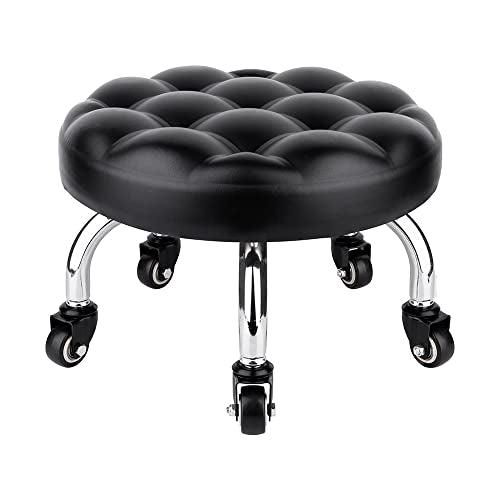 Pedicure Stool Low Roller Seat,Swivel stools Round Stool with Wheels, Black Low Chair with Wheels,PU Leather (Black StyleB)