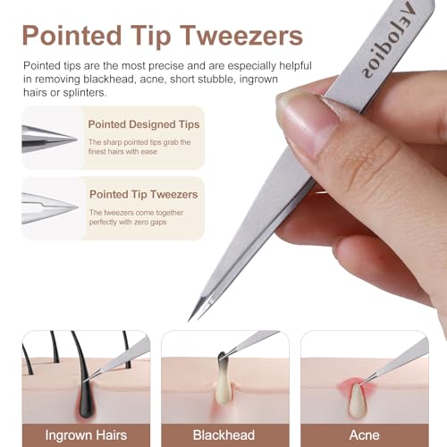 Tweezers for Eyebrows, Pointed TipTweezers for Women Facial Hair, Ingrown Hair Removal, Slanted and Pointed Tip Tweezers Set with PU Travel Case (Slant & Pointed Tweezers Set)