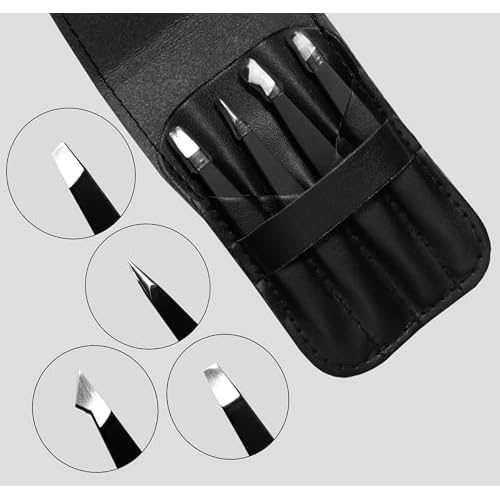 4Pcs tweezers for Women with Travel Case, Tweezers for Eyebrows - Great Precision Splinter Tweezers and Ingrown Hair Removal Professional Stainless Steel (Black)