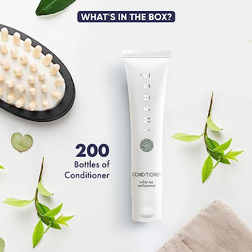 Eco Botanics Travel Size Hotel Conditioner 300 Count 0.85oz Bottles Guest Amenities for Vacation Rentals & Short Term Rentals Paraben Free White Tea Scent Infused with Aloe Honey and Olive Oil