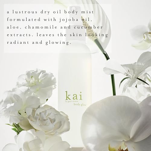 kai body glow, 4 Fl Oz, dry body oil with jojoba, chamomile, cucumber extracts, moisturizes and leaves a radiant glow with a fresh + clean fragrance, vegan, cruelty free, made in the usa