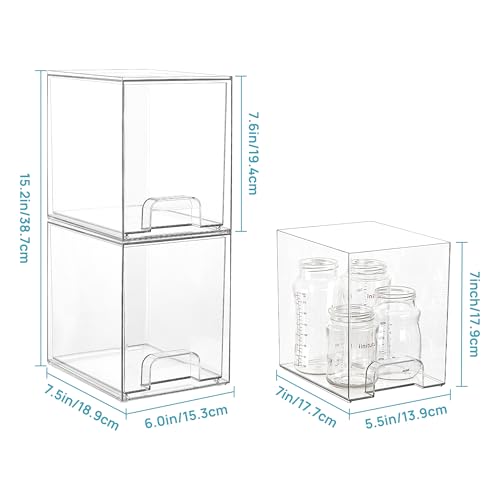 Vtopmart 7.6" H Clear Stackable Storage Drawers, 4 Pack Plastic Organizers Bins for Skincare, Cosmetics,Beauty Supplies,Ideal for Vanity, Bathroom,Kitchen Countertop,Cabinet Organization