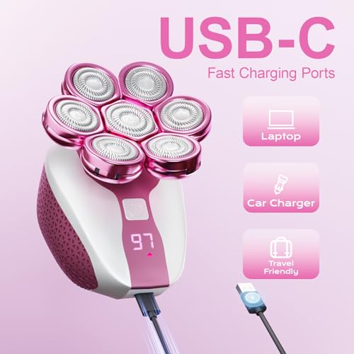 7D Head Shavers for Bald Men,Electric shavers for Men with LED Display, Head Shavers for Men Wet&Dry, Professional 5-in-1 Electric Head Shaver Grooming Kit for Hair/Face/Beard£¨Pink£©
