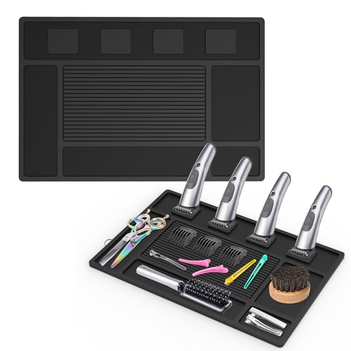 Magnetic Barber Mat for Clippers,Station Barber Tool Organizer Mat Rubber for Scissors Salon Barber shop Beauty Tools with 4 Slots Flexible Silicone Barber Pad Non-Slip Professional Barber Accessories