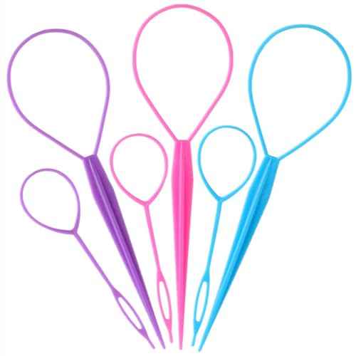 Aigee 6pcs Topsy Tail and Hair Loop Styling Tool Set - Ponytail Makers, French Braid Loops in Large and Small, Hair Pull Through Tools (Pink, Blue, Purple) for Women and Girls