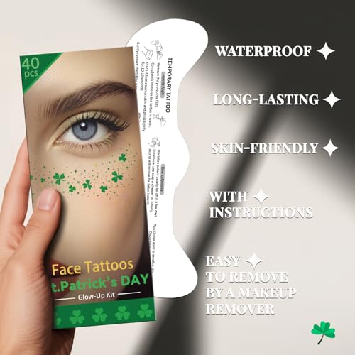Cerlaza St Patricks Day Accessories, 40 Pcs St Patty's Day Glitter Gold Green Freckles Temporary Tattoos Shamrock Face Stickers, Saint Patricks Party Decorations Outfit Accessories for Women Kids