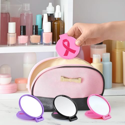 100pcs Breast Cancer Awareness Gifts for Women Pink Ribbon Mini Folding Makeup Mirror Bulk Round Pocket Portable Mirror Breast Cancer Awareness Accessories for Girls Survivor Party Favors Supplies
