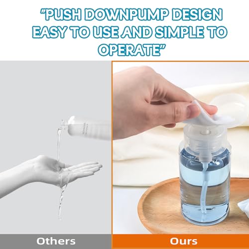 24 Pcs Push Down Pump Dispenser, Lockable Empty Refillable Bottles for Nail Polish Remover, Acetone & Makeup Remover, 6.8oz/200ml Clear Cosmetic Container with Labels