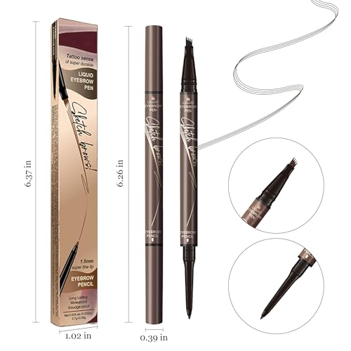 Microblading Eyebrow Pen, 2-in-1 Dual-Ended Magical Waterproof Eyebrow Pencil with 4-Prong Micro-Fork-Tip Applicator, Brow Pen for Women Creates Natural Looking Brows Effortlessly (Dark Brown)