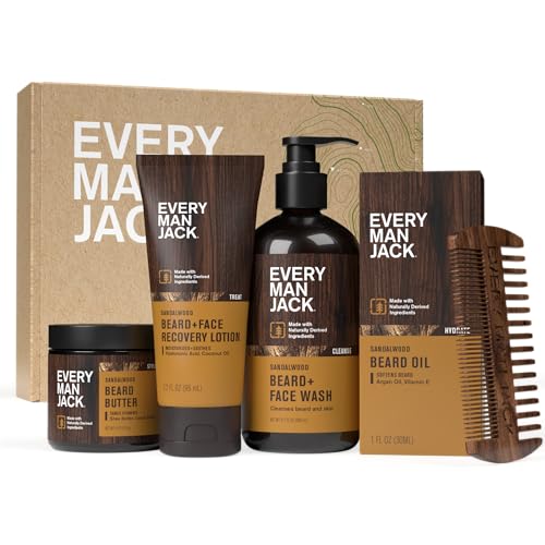 Every Man Jack Beard Essentials Gift Set for Men ? Complete Routine with 5 Full-Size Essentials ? Sandalwood Scent - Beard & Face Wash, Lotion, Oil, Butter & Comb