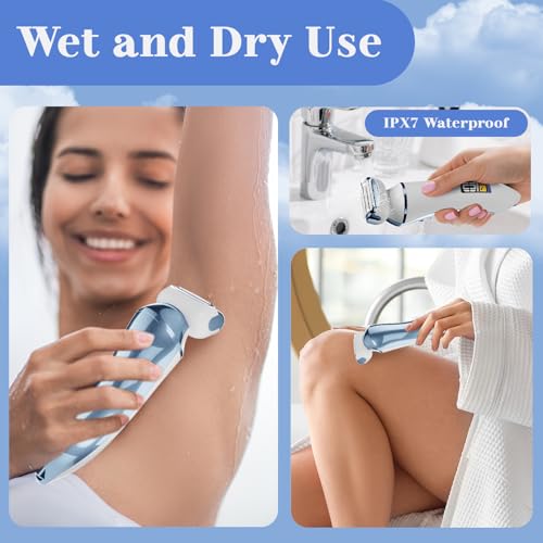4 in 1 Electric Shaver for Women with Facial Brush, Electric Razor for Legs Underarm Pubic Hair, Bikini Trimmer IPX7 Portable Body Hair Removal, Wet & Dry Use, Rechargeable Grooming Kit, Light Blue