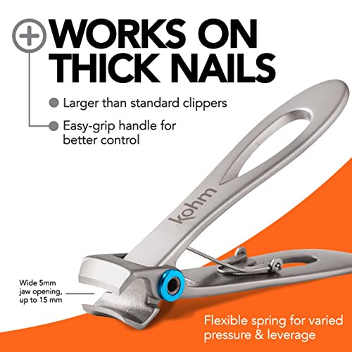 KOHM Nail Clippers Set for Thick Nails - Heavy Duty, Wide Mouth Professional Fingernail and Toenail Clippers for Men, Women & Seniors, Silver
