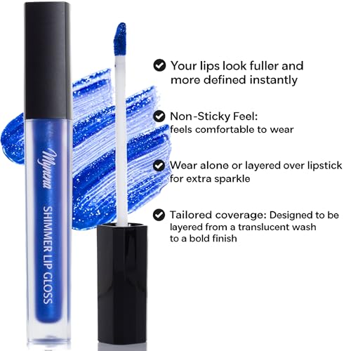 Mynena Vivid Electric Sapphire Blue Shimmer Lip Gloss Non-Sticky Filled with Iridescent Sparkles | Lightweight Lip Topper | Paraben-Free | Demi-Sheer Lipgloss from Cosplay to Everyday Glam | Blu