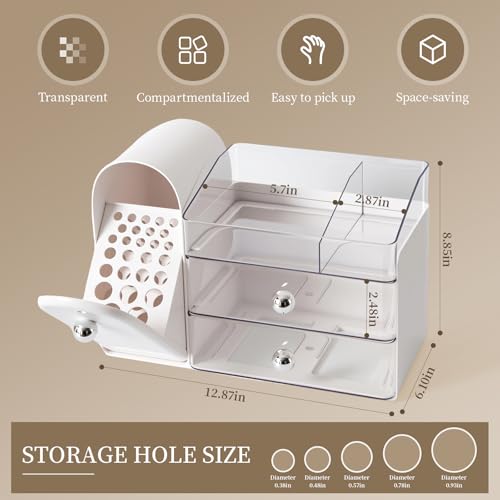 Makeup Organizer with Brush Holder for Vanity, Large Cosmetic Display Cases with 2 Drawers, Skincare Organizer for Bathroom Countertop, White