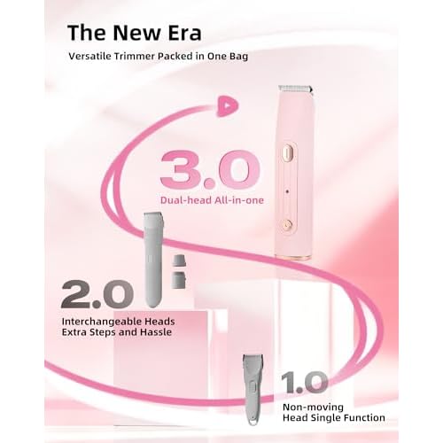 Bikini Trimmer for Women: Painless Body Hair Electric Razor - Dual Head All in 1 Versatile Shaver for Pubic Area, Leg and Face, Cordless and IPX7 Waterproof for Daily Personal Use, Pink