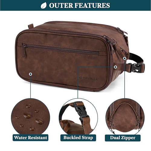 PAVILIA Large Toiletry Bag for Men Women, Mens Travel Bag Toiletries Organizer Case for Grooming, Travel Essentials Shaving Dopp Kit, PU Leather Water Resistant Cosmetic Pouch, Dark Brown