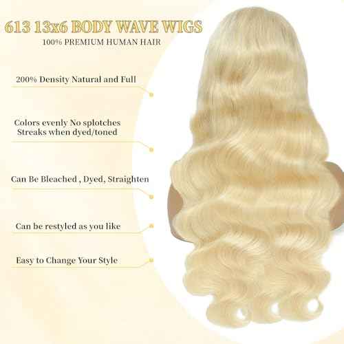 26 Inch 13x6 Lace Front Wig Human Hair 200 Density Blonde Wig Human Hair 613 HD Lace Frontal Wigs 100% Real Human Hair Easily Stained No Tangle No Shedding Longer life