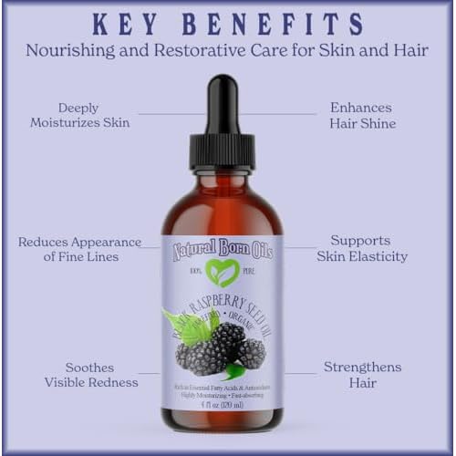 Natural Born Oils Black Raspberry Seed Oil, 8oz, Organic, Cold-Pressed, Antioxidant-Rich, Skin Rejuvenation, Hair Vitality