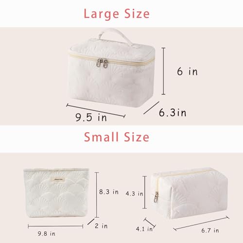 uekeboag 3Pcs White Quilted Cotton Makeup Pouch,Coquette Quilted Toiletry Bag for Women and Girls, Floral Coquette Organizer Bag, Aesthetic Travel Cosmetic Bags(3Pcs White Shell)