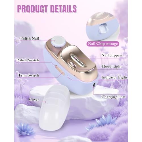 Electric Nail Clipper - 3-in-1 Trim/File/Polish with Nail Debris Catcher, 2 Speed Modes, LED Light, Type-C Rechargeable (for Fingernails),Purple