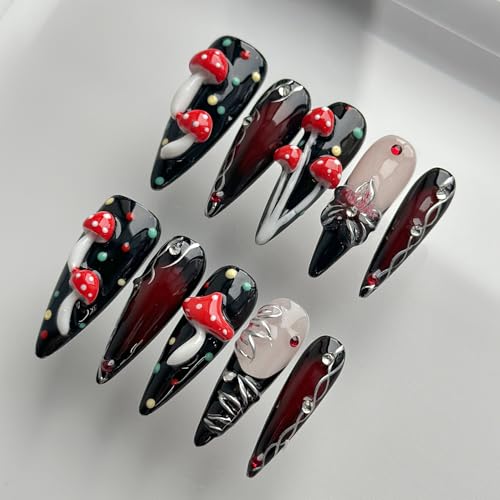 Luxury Press on Nails Long Stiletto Handmade 3D Unique Reusable ABS Material Fake Nails Black False Nails with Designs Mushroom Polka Dots Rhinestones Glossy Glue on Nail Thick Acrylic Nail(S)