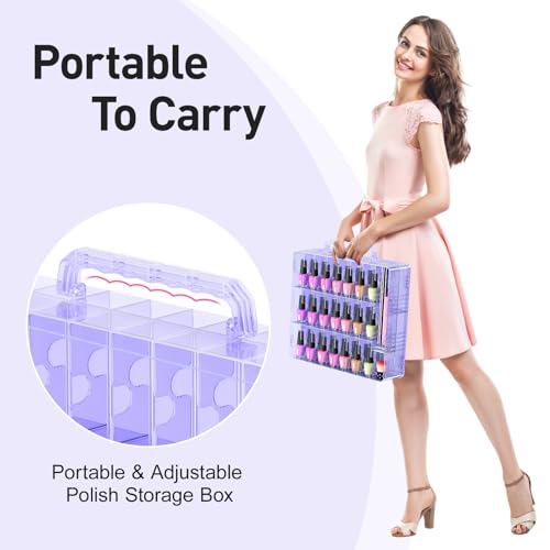 Beloving 2pcs Nail Polish Organizer, Portable 48 Bottles Clear Nail Polish Holder with Adjustable Divider, Gel Nail Polish Storage Double Side Nail Polish Organizer Case for Nail Tech Purple