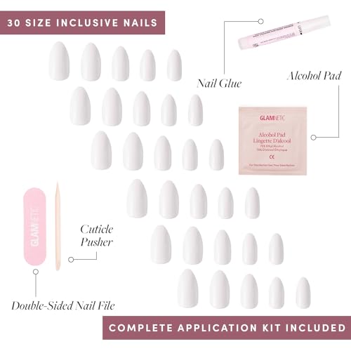 Glamnetic Press-On Nails - Angel | Super Strong Brush On Glue & Press-On Nail Remover | Opaque White Short Almond Nails, Reusable | 12 Sizes - 24 Nail Kit