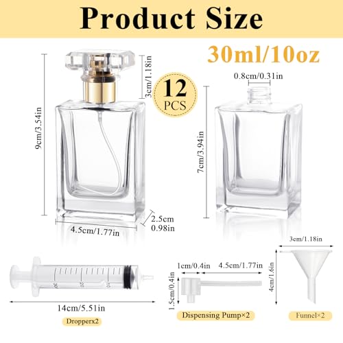 12 Pack Refillable Glass Perfume Bottles - Premium Square Gold Atomizer Spray Bottles, Leak-Proof Portable Empty Perfume Containers for Travel, Purse, Gym & Home Office Use