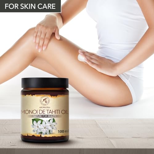 AROMATIKA Monoi de Tahiti Carrier Oil 3.4 Fl Oz - Pure Cold Pressed Monoi Base Oil - Cocos Nucifera - Gardenia Tahitensis - Unrefined Carrier Oil for Essential Oils - Face & Body Care - Massage