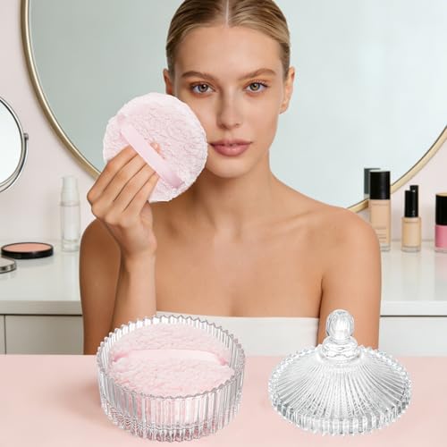 2 Pcs Extra Large Body Powder Puff and Container, 6 Inch Dusting Powder Container with Puff, Body Powder Container and Oversize Soft Washable Powder Puff for Women