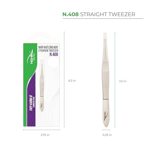 NGHIA Straight Tip Tweezer - N-408 | Gold Plated Stainless Steel | Ergonomic Eyebrow Tweezer for Precision Grooming | Hair Removal | Professional Quality for Salon and Home Use