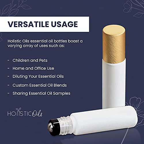 12-Pack 10ml White Glass Roller Bottles with Brushed Gold Leakproof Caps ? Refillable Roll-On Bottles with Updated Roller Insert for Essential Oils, Serums, Perfumes, and DIY Aromatherapy