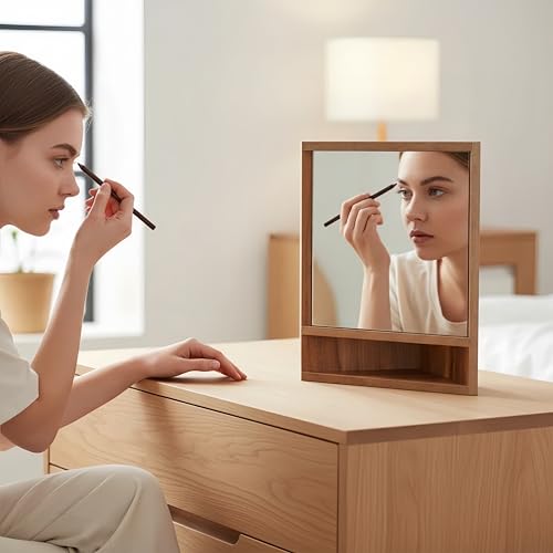 Non-Reversing Mirror with Wood Frame - Shows True Unflipped Image, Standing Tabletop Inverted Mirror for Living Room, Bedroom, Home Decor
