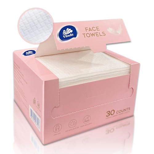 Vinda Clean Face Towels, Disposable, XL facial towels, 30 Count - Thick 100% Rayon Fabric Dry Wipes for Sensitive Skin & Makeup Removal