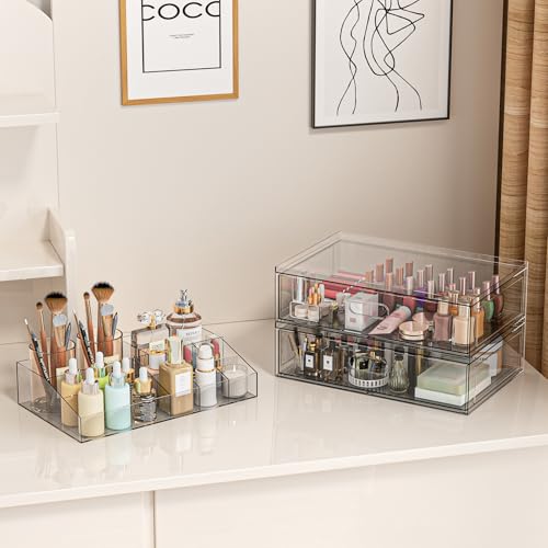 Clear Stackable Makeup Organizer with Drawer, 12''W Acrylic Storage Drawers, Cosmetic Display Case for Vanity Bathroom Countertop, Beauty Holder for Lipstick Brush Skincare Perfume (5 Pack)