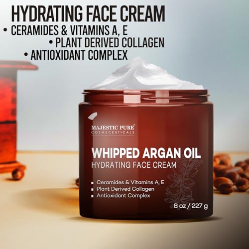 Majestic Pure Whipped Argan Oil Moisturizer Face Cream for Women & Men - With Vitamin E A, Collagen & Ceramides - Hydrates Dry Skin, Oily Skin, Reduces Appearance of Fine Lines ? 8oz (Pack of 2)