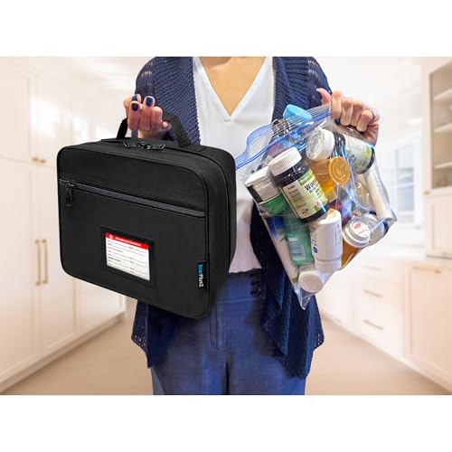 Large Pill Bottle Organizer With Emergency Card - 10 Pockets Medicine Bag for Travel & Home Storage - Black