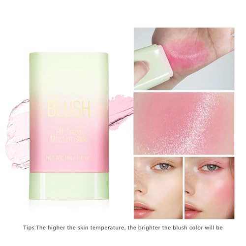 PH Color Changing Blush Stick, Multi-purpose Makeup Hydrating Blush Stick PH-Sensitive Color-Changing Lip Tint, Long-Lasting 24 Hours (1# Shy Pink, 0.6 Oz)
