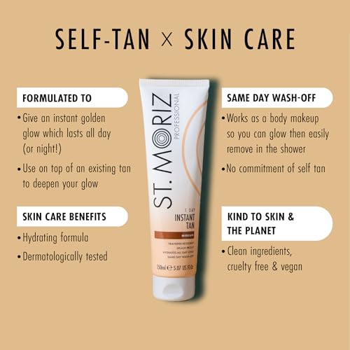 St. Moriz Professional Medium Instant Tan ? 1 Day Wash-Off Fake Tan Lotion with Aloe Vera & Vitamin E ? Fast-Drying, Transfer-Resistant, Vegan, 150ml