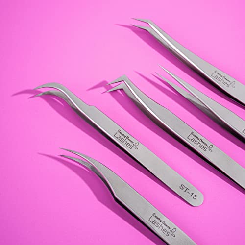 Eyelash Extension Tweezers - 5 PCS of Lash DIY Precision Set, Curved Volume Lash Tweezers - Cluster Application and Removal of Eye Lashes Extensions Stainless Steel
