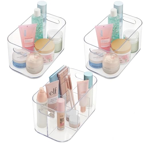 STORi Bliss 10" x 6" Clear Plastic Bin 3-Piece Bundle, 5-Compartment (1) & Open Compartment (2), Makeup Bins & Vanity Caddy, Made in USA