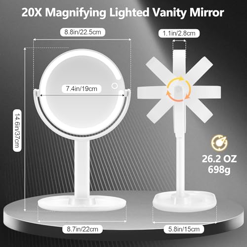 MIYADIVA Makeup Mirror with Lights, 20X Magnifying Mirror with Light and Touch Switch, Vanity Mirror with 3 Color Light