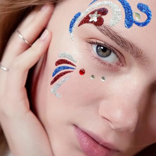 3 Sheet Patriotic Face Gems Set Blue and Red Face Jewels Stick on Face 4th of July Eye Gems Face Stickers for Women, Body Eyes Face Tattoos Sticker for Independence Day Party Festival Accessory