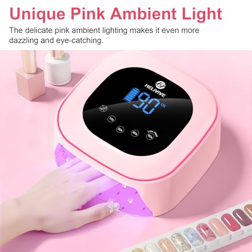 Cordless UV LED Nail Lamp, 80W Rechargeable Nail Dryer with 4 Timers, Atmosphere Light & Mirror Base, UV Light for All Gel Nails, Ideal for Training,Nail Art Practice,Home & Salon Use (Pink)