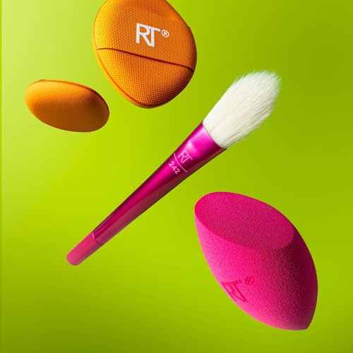 Real Techniques Vivid Escape Bright Eyes Concealer 4 Piece Set, Includes Kitten Paw Makeup Brush, Powder Puff, & Concealer Makeup Blending Sponge, Targeted Concealing, Travel Friendly, Cruelty-Free