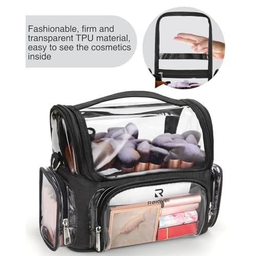 Makeup Brush Bag, Clear Makeup Brush Holder Professional Makeup Artist Travel Case Waterproof Cosmetic Organizer Bag, Full Open Easy to Access, with Adjustable Shoulder Strap and Dividers