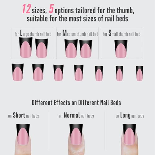 NOVO OVO Halloween Black French Tip Short Duck Nail Tips Press on, BERRY PINK Pre-designed Soft Gel Nail Extension, Extra thick Full Cover Matte Vrial False Nails for Salon DIY x 12 Sizes 240 pcs