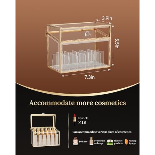 Lipstick Organizer,Luxury Tempered Glass Lipstick Holder & Nail Polish Organizer, 18-Slot Vanity Cosmetic Organizer with Removable Dividers, Gold