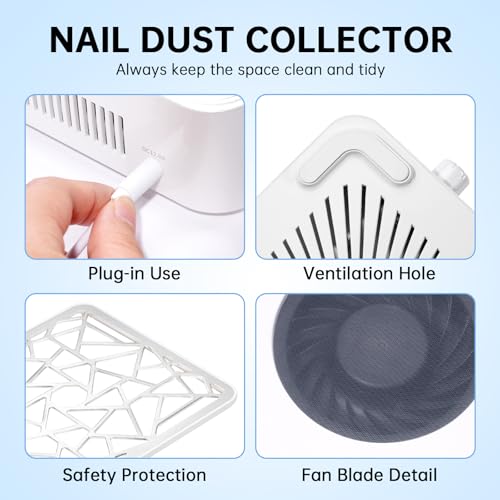 Nail Dust Collector, Powerful Vacuum Fan Vent Dust Collector Extractor Dust Suction Machine for Acrylic Nails Polishing, Nail Salon&Home, White